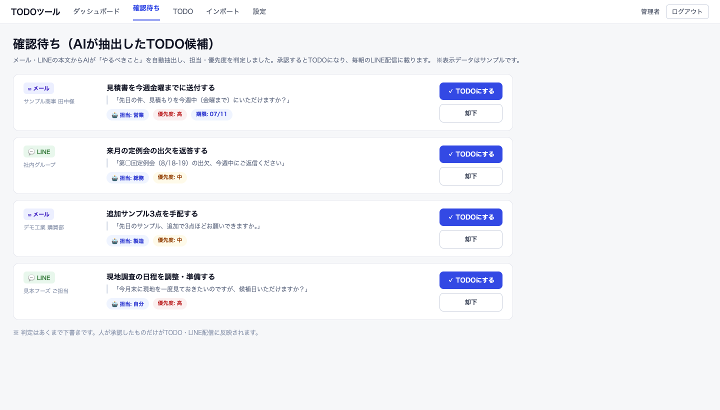 メール・LINEからAIが抽出したTODO候補の確認画面