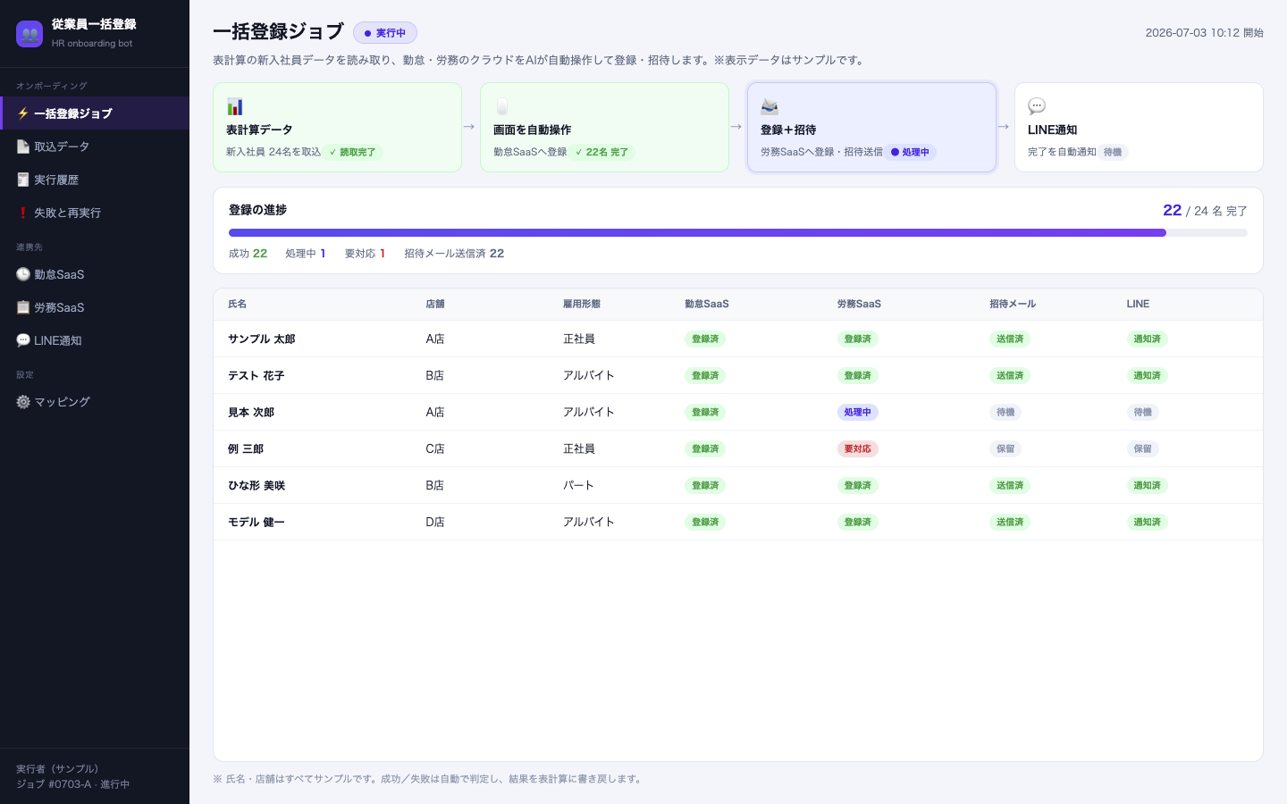 表計算データを読み取りSaaS画面を自動操作して従業員を一括登録するジョブ画面