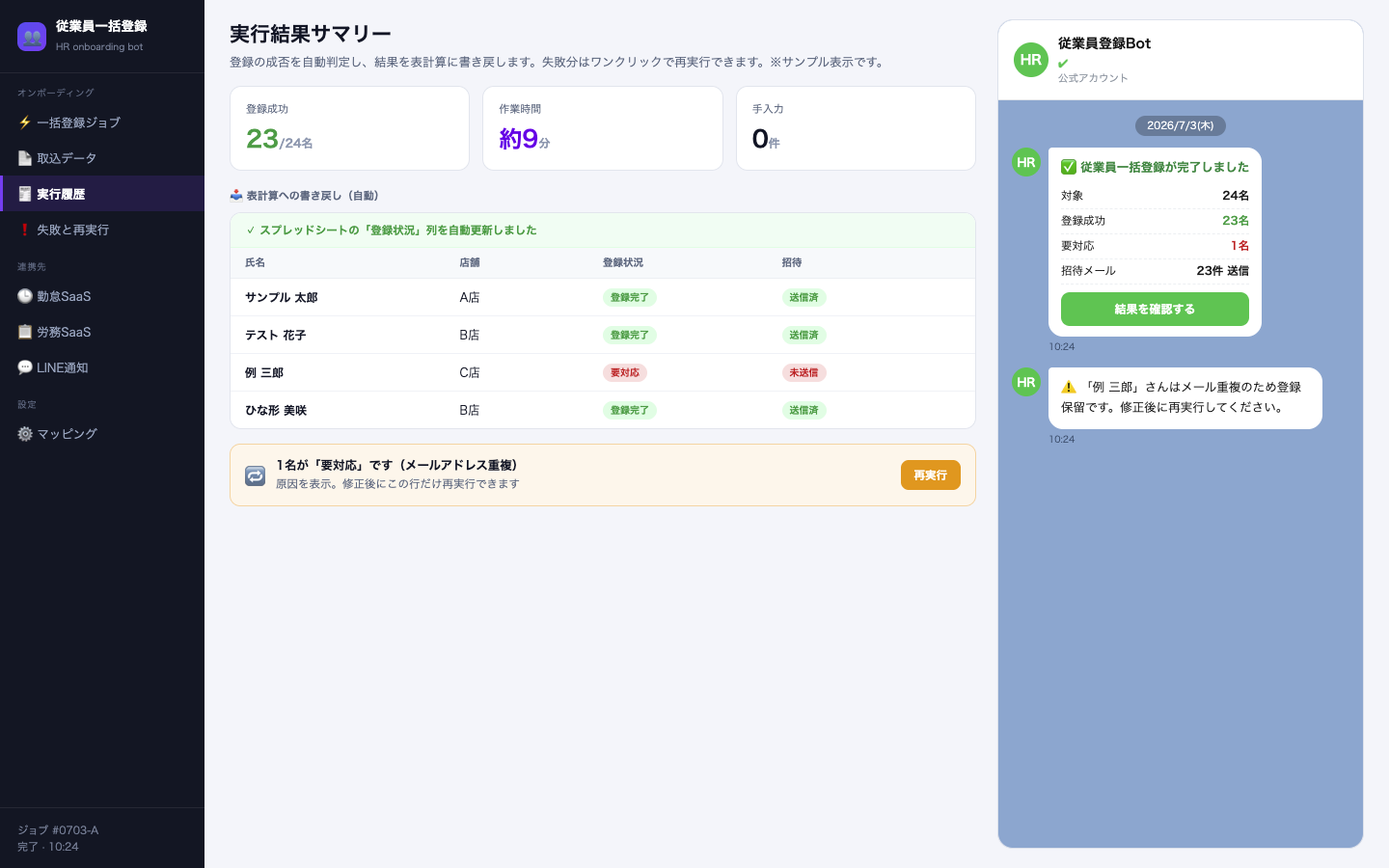 成否を自動判定して表計算に書き戻し、完了をLINEに自動通知した結果画面