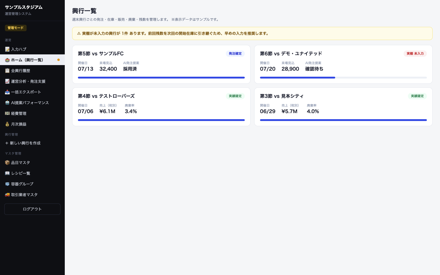 興行一覧と実棚未入力アラート